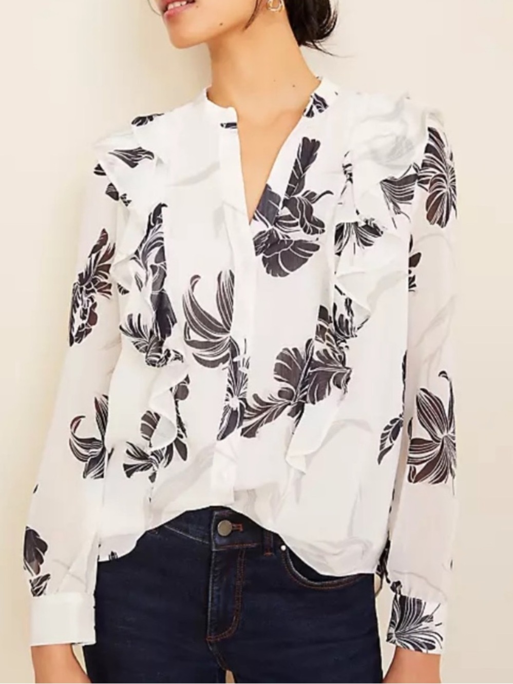 Ann Taylor White Blouse with Navy Floral Ruffle Detail